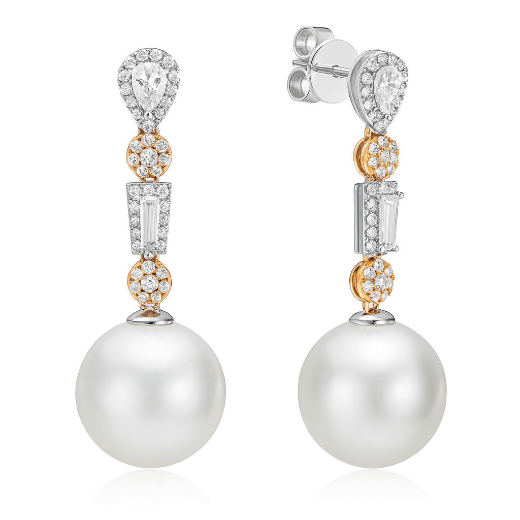 18K White Gold South Sea Pearl Earrings, 13-14mm, 0.9ct