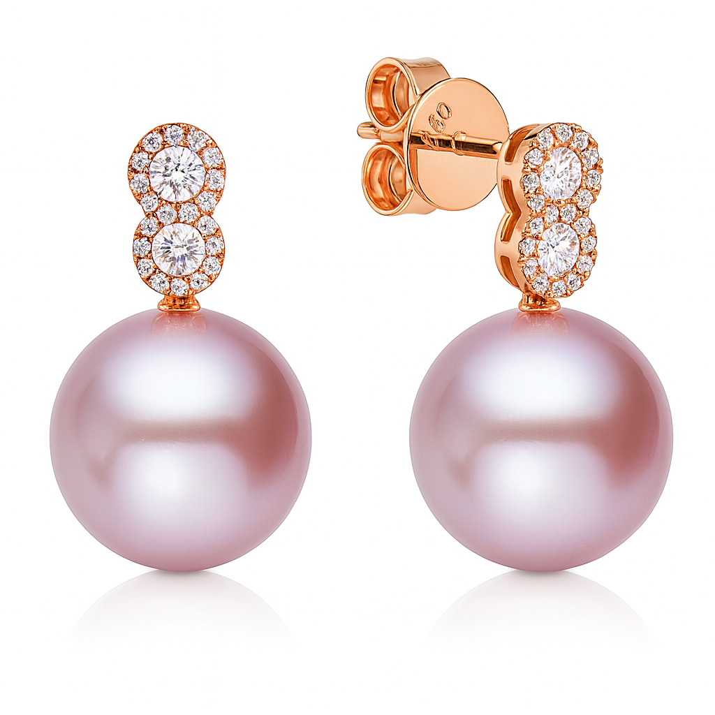 18K Rose Gold Freshwater Pearl Earrings, 12-13mm, 0.32ct