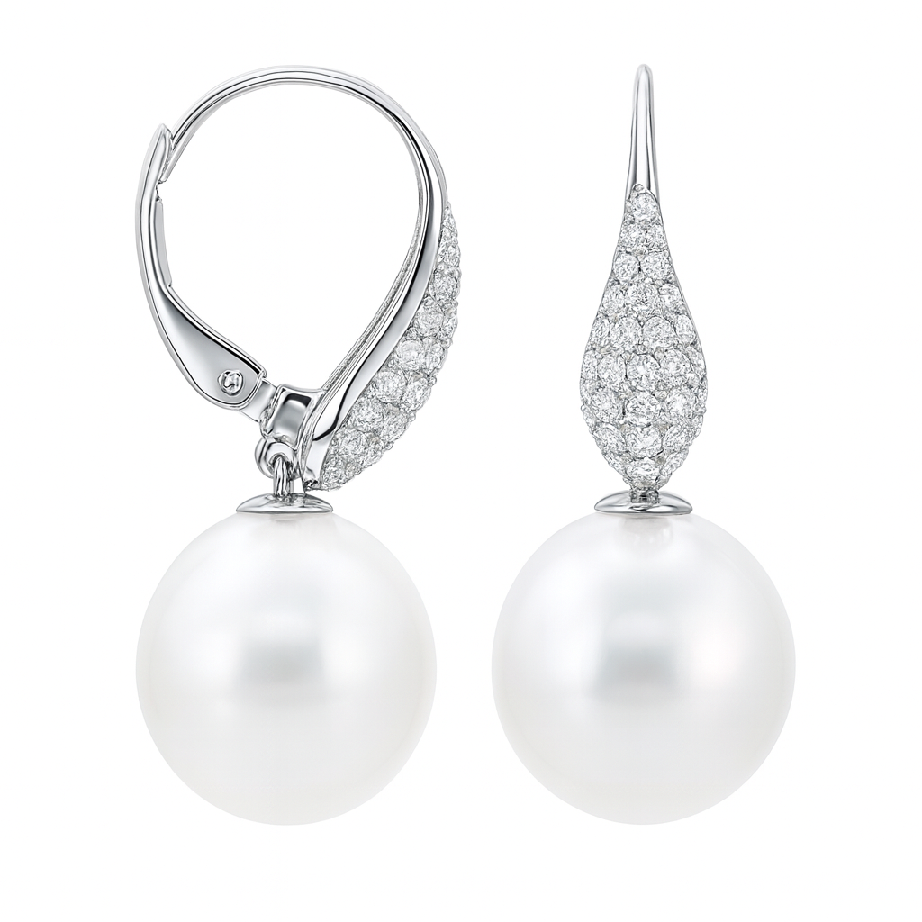 18K White Gold Freshwater Pearl Earrings, 11-12mm, 0.4ct