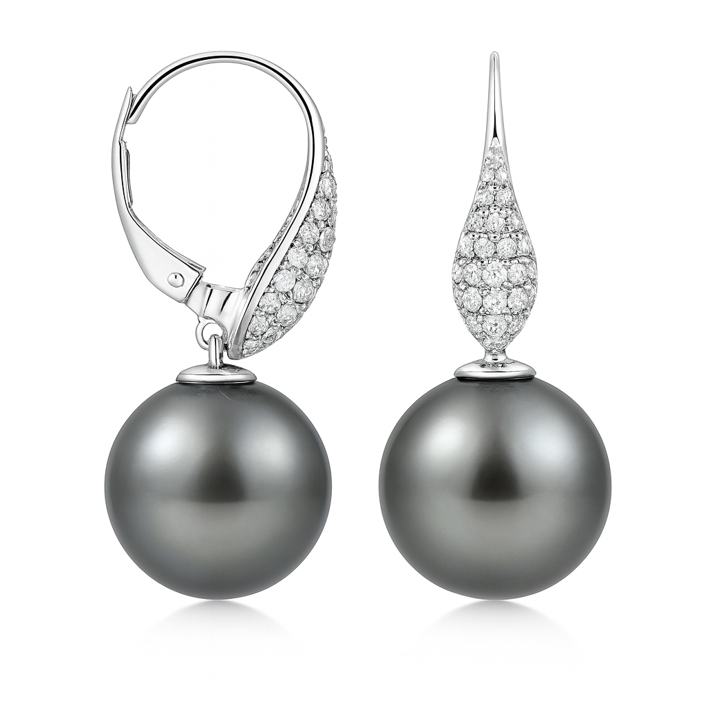 18K White Gold Tahitian Pearl Earrings, 11-12mm, 0.4ct