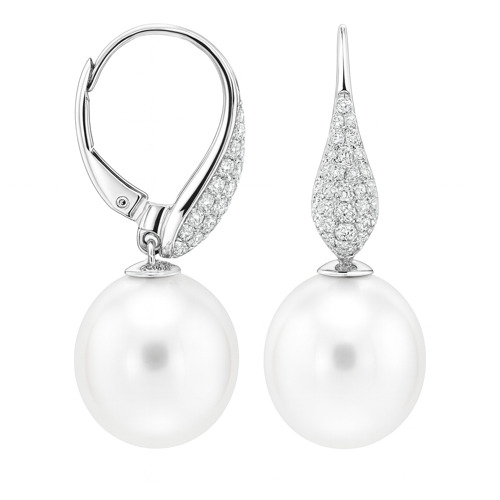 18K White Gold Sea Pearl Earrings, 11-12mm, 0.38ct