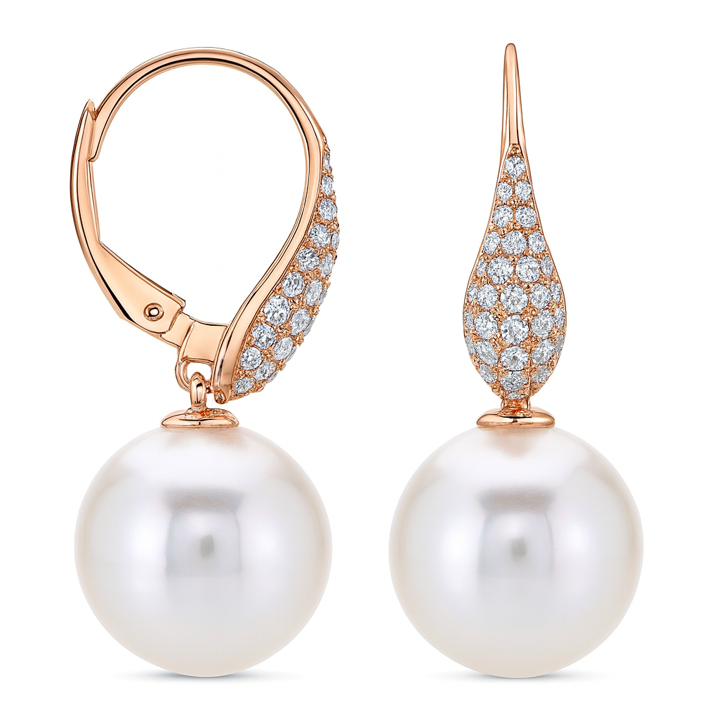 18K Rose Gold Diamond South Sea Pearl Earrings, 11-12mm, 0.4ct