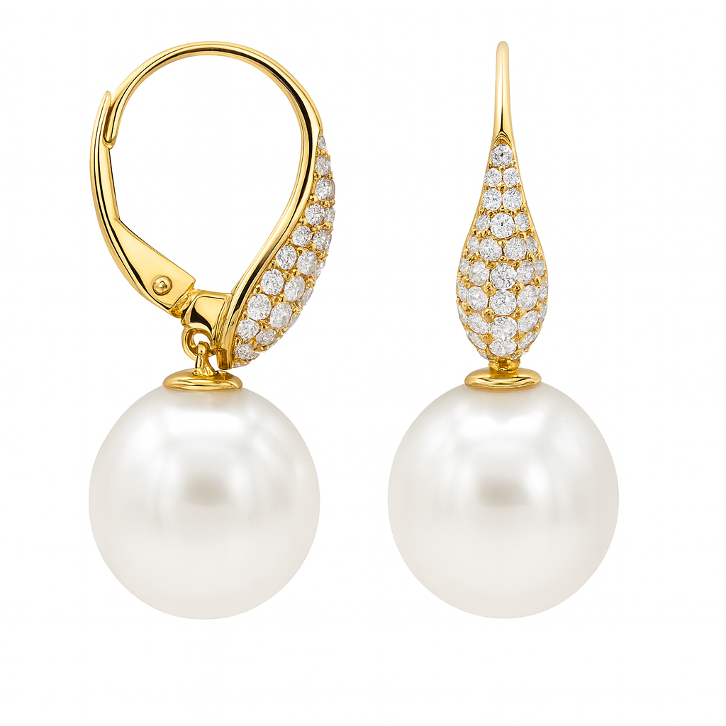 18K Yellow Gold White Freshwater Pearl Earrings, 11-12mm, 0.4ct