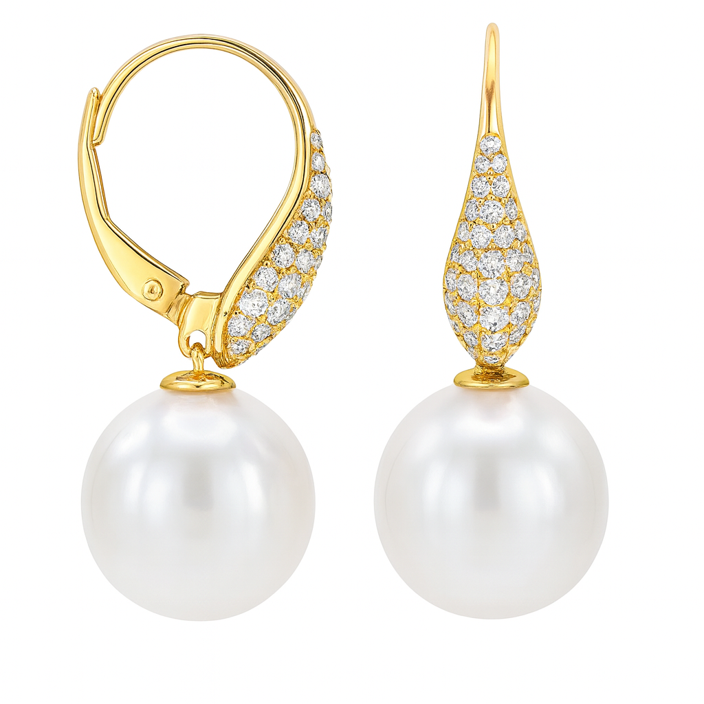 18K Yellow Gold South Sea Pearl Earrings, 11-12mm, 0.4ct