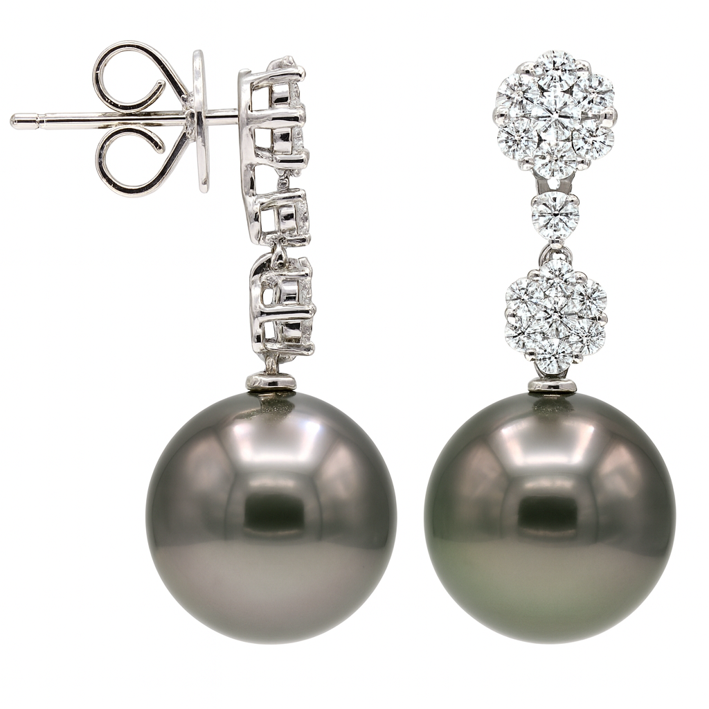18K White Gold Tahitian Pearl Earrings, 11-12mm, 0.79ct