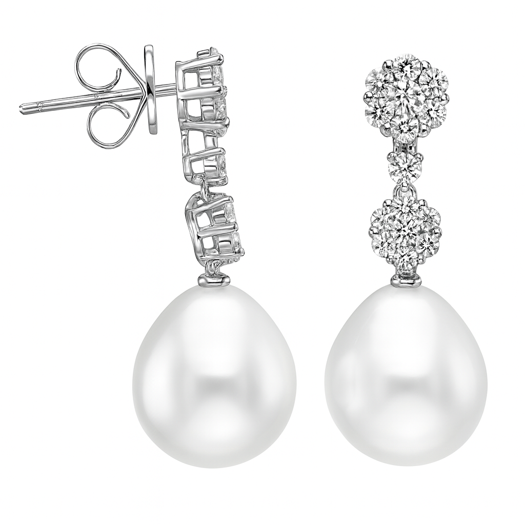 18K White Gold Freshwater Pearl Earring, 11-12mm, 0.87ct
