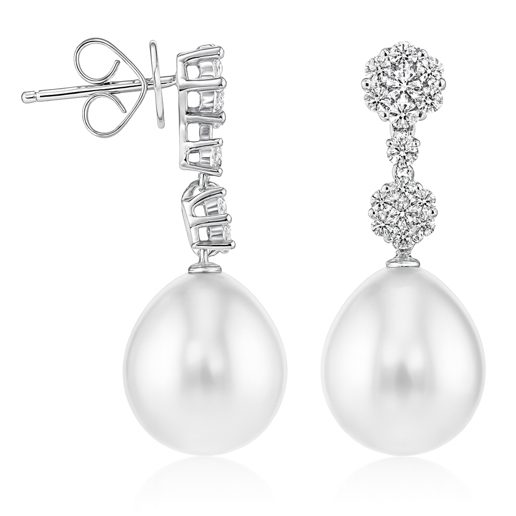 18K White Gold South Sea Pearl Earrings, 11-12mm, 0.87ct