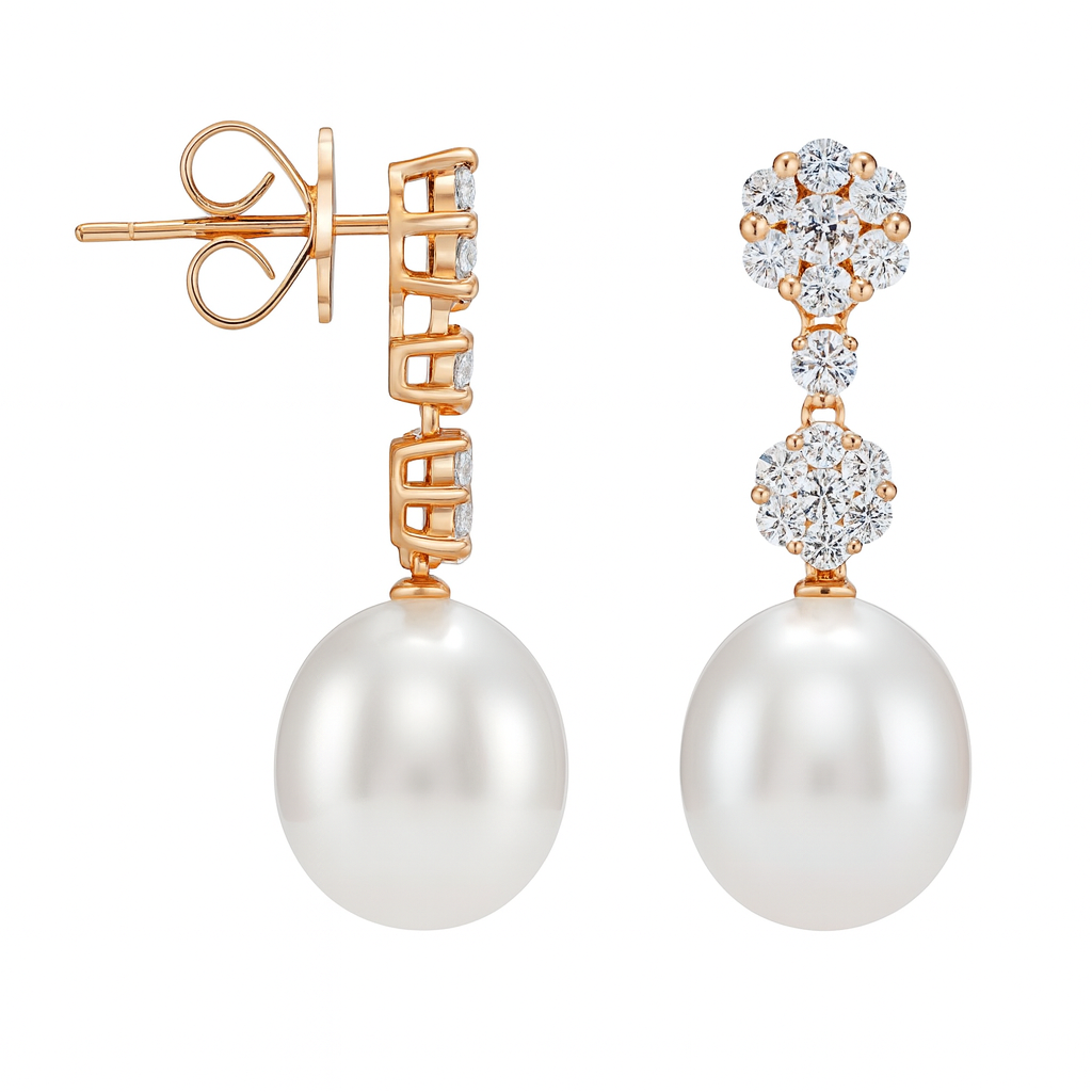 18K Rose Gold South Sea Pearl Earrings, 11-12mm, 0.79ct