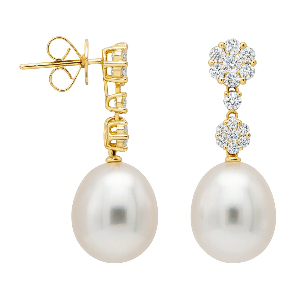 18K Yellow Gold Freshwater Pearl Earrings, 11-12mm, 0.87ct