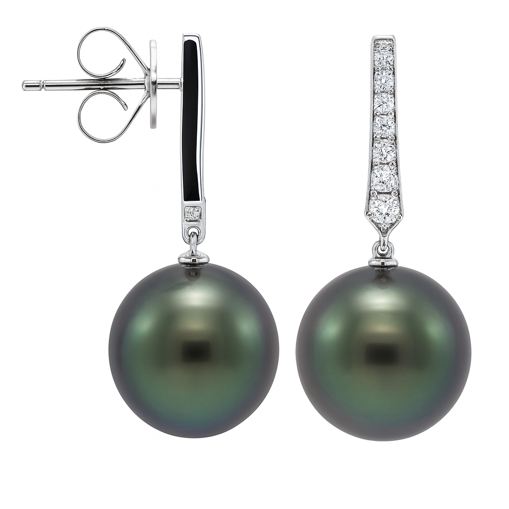 18K White Gold Tahitian Pearl Earrings, 11-12mm, 0.16ct