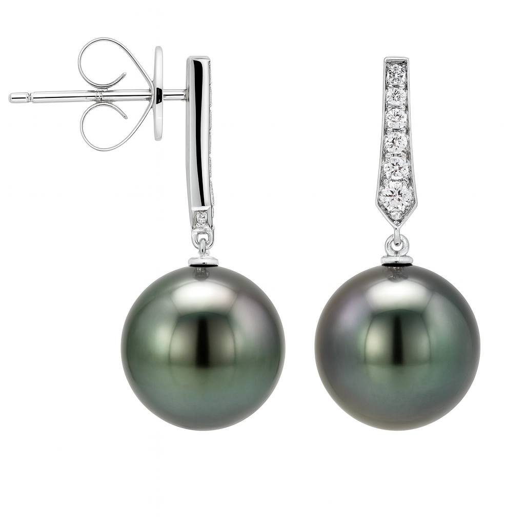 14K White Gold Tahitian Pearl Earrings, 10-11mm, 0.15ct