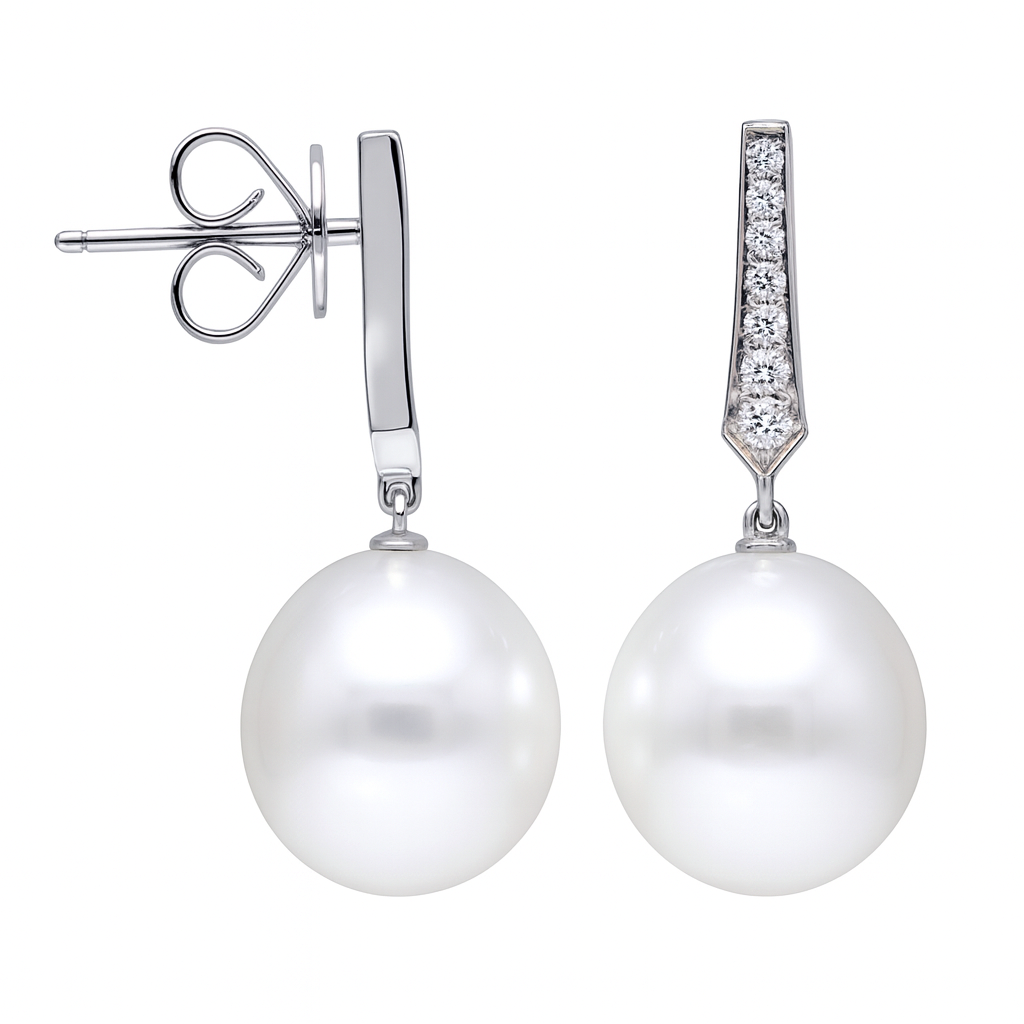 18K White Gold South Sea Pearl Earrings, 11-12mm, 0.16ct