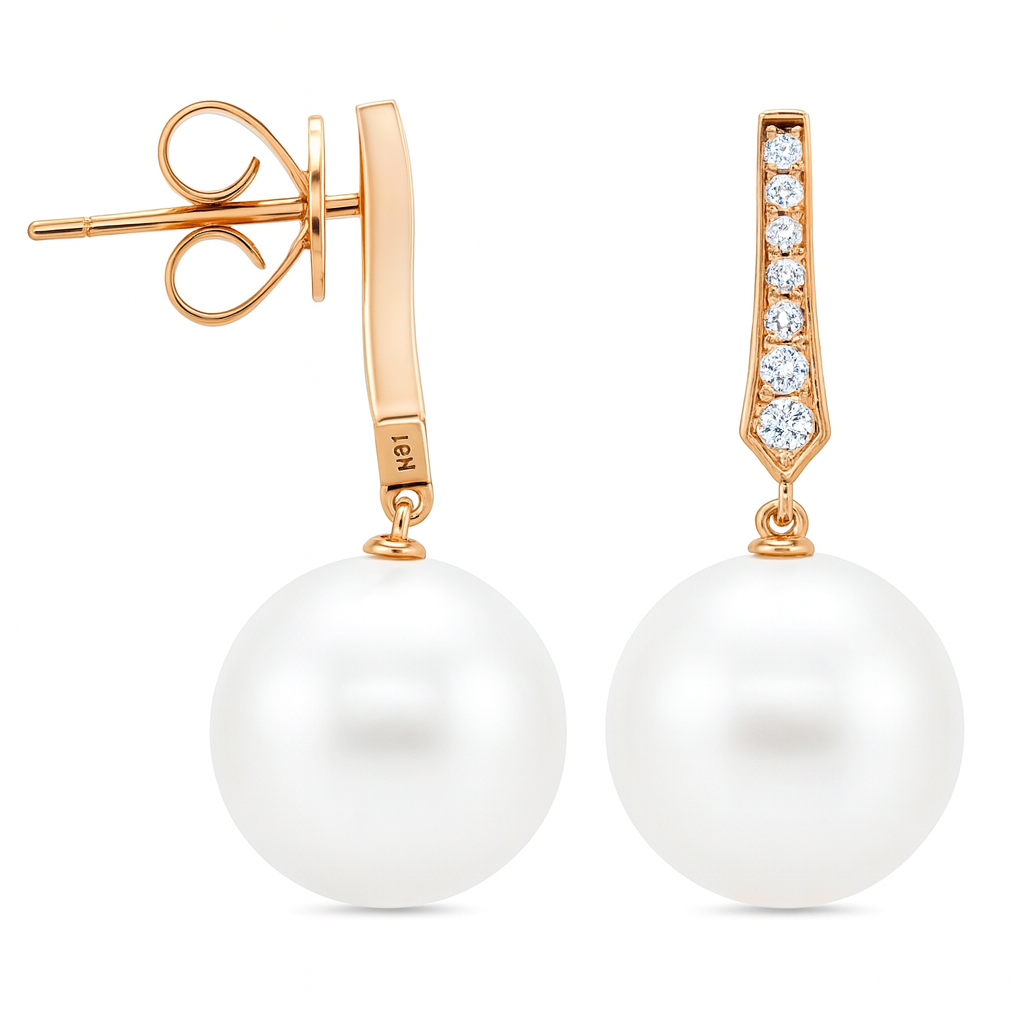 18K Rose Gold Freshwater Pearl Earrings 9.50-10mm, 0.16ct