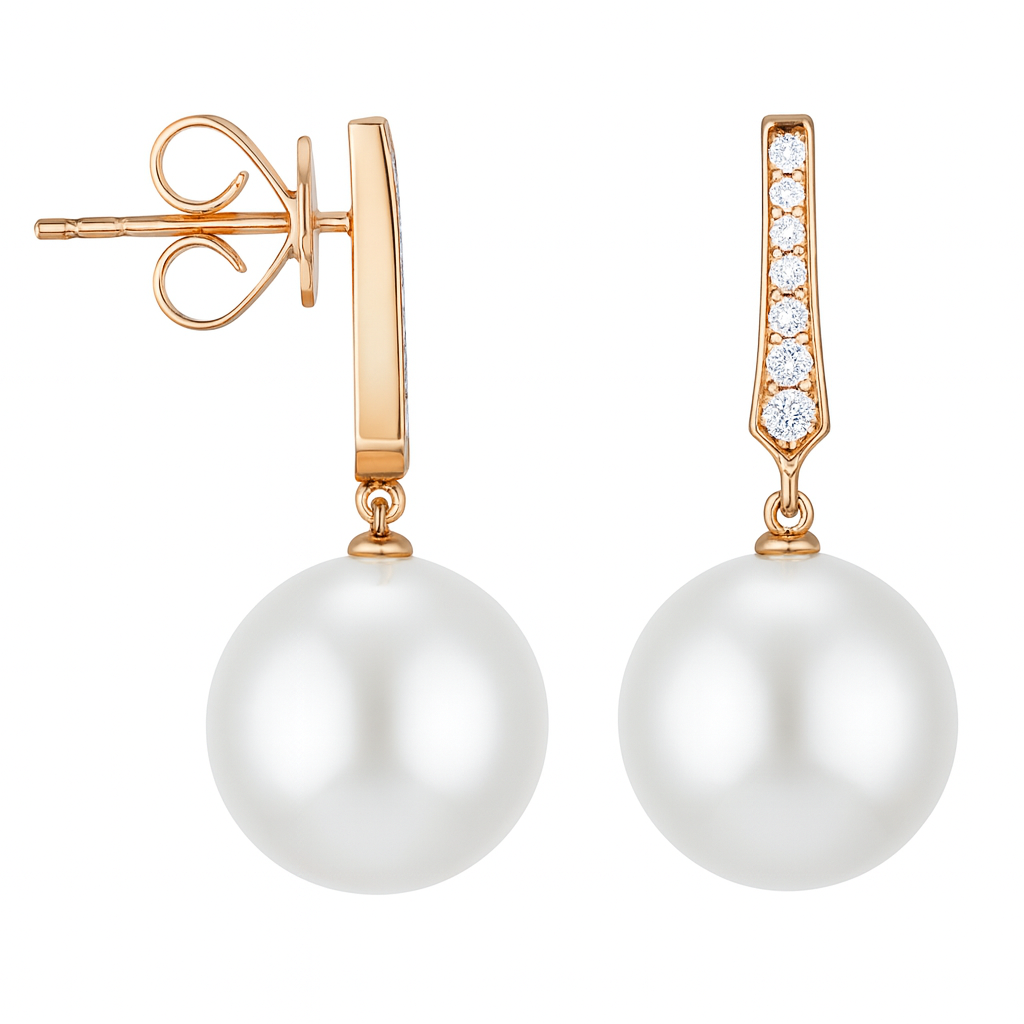 18K Rose Gold South Sea Pearl Earrings, 11-12mm, 0.16ct