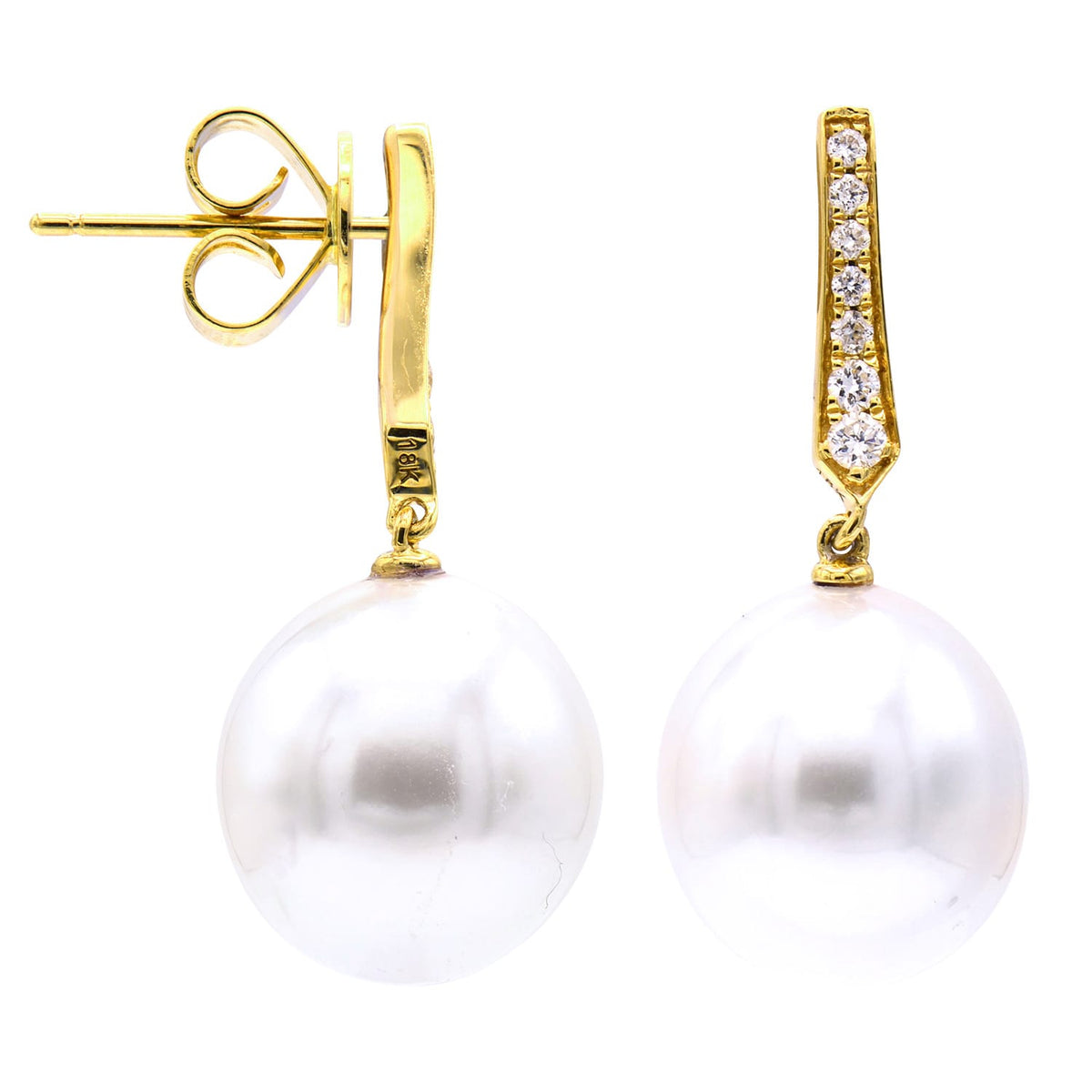 18K Yellow Gold South Sea Pearl Earrings, 11-12mm, 0.16ct