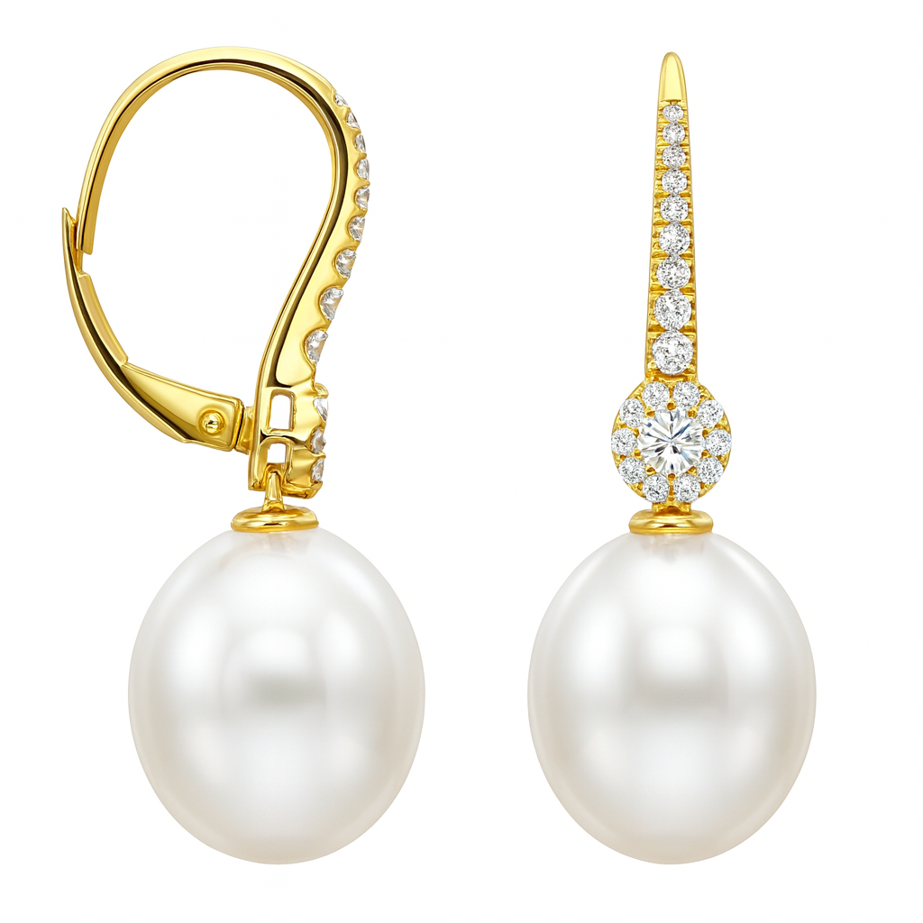 18K Yellow Gold Freshwater Pearl Earrings, 10-11mm, 0.37ct
