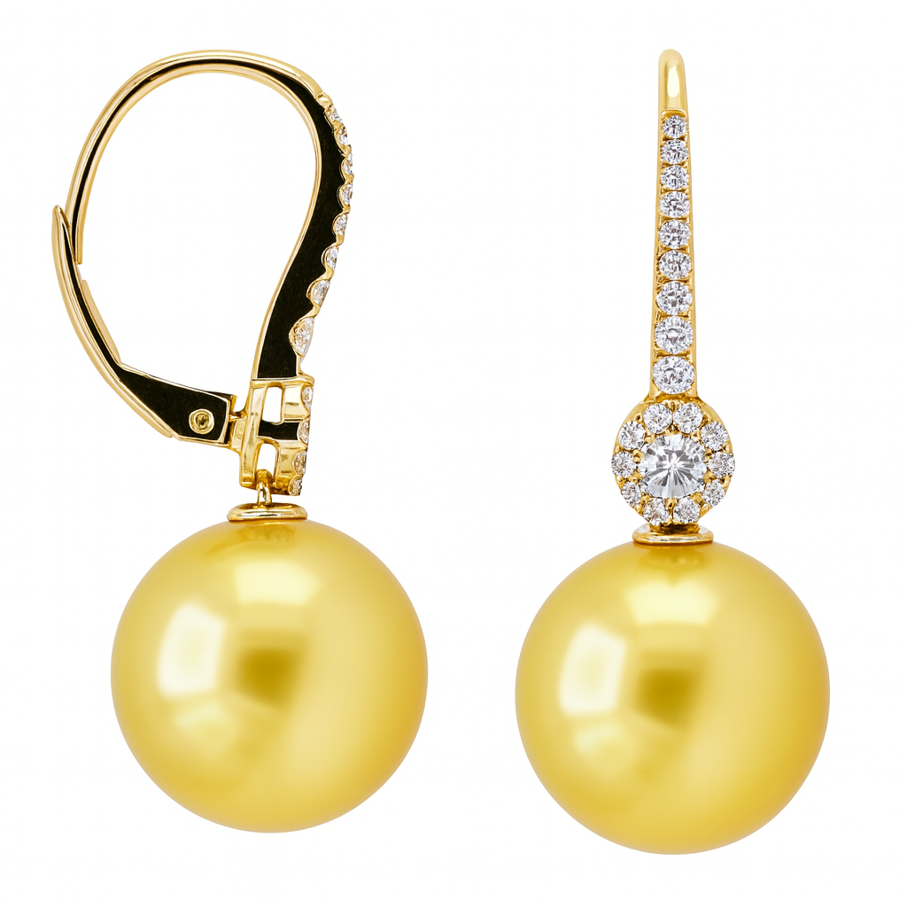 18K Yellow Gold Golden Pearl Earrings, 11-12mm, 0.37ct