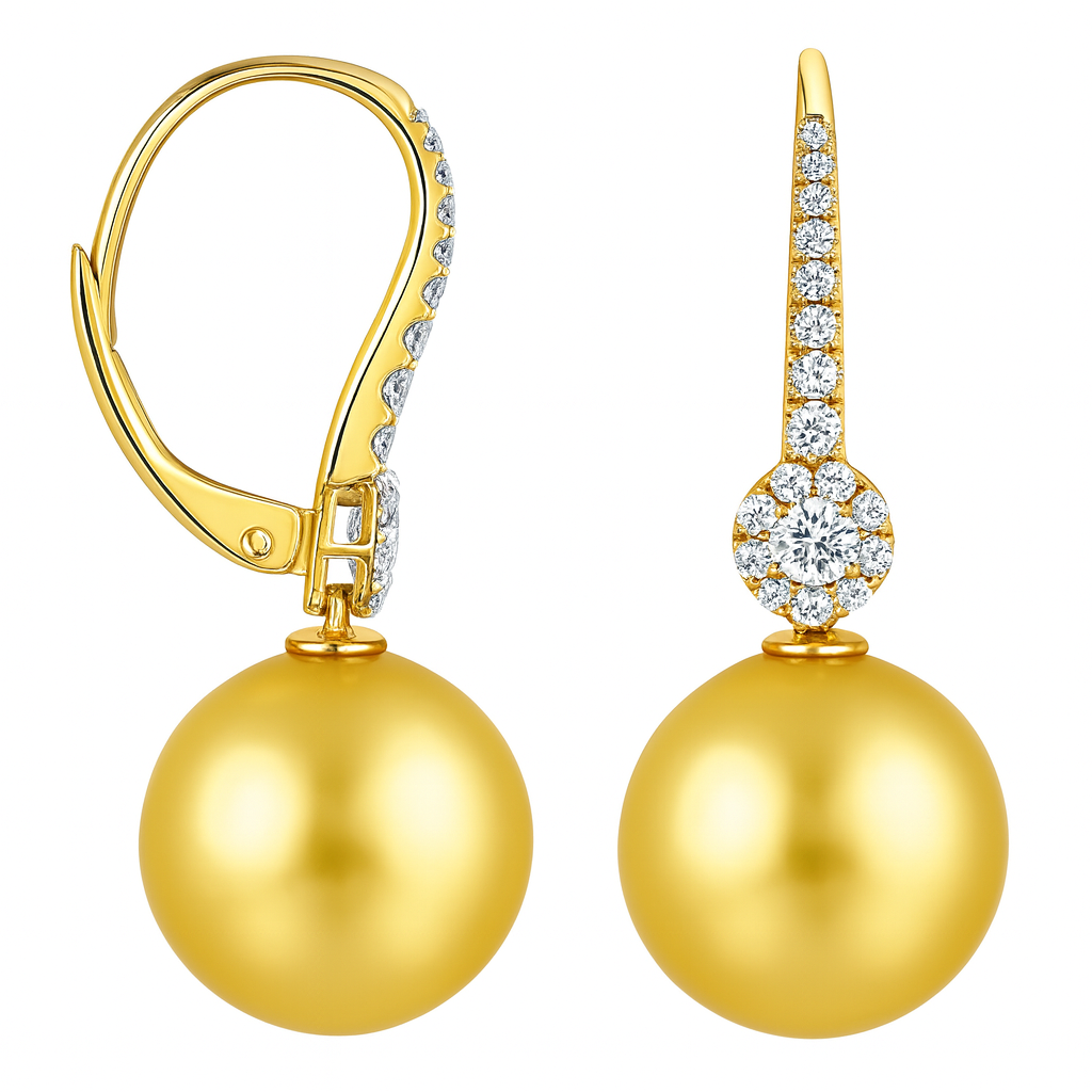 18K Yellow Gold Golden South Sea Pearl Earrings, 10-11mm, 0.37ct