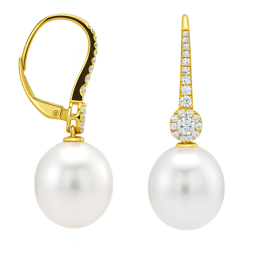 18K Yellow Gold South Sea Pearl Earrings, 11-12mm, 0.37ct