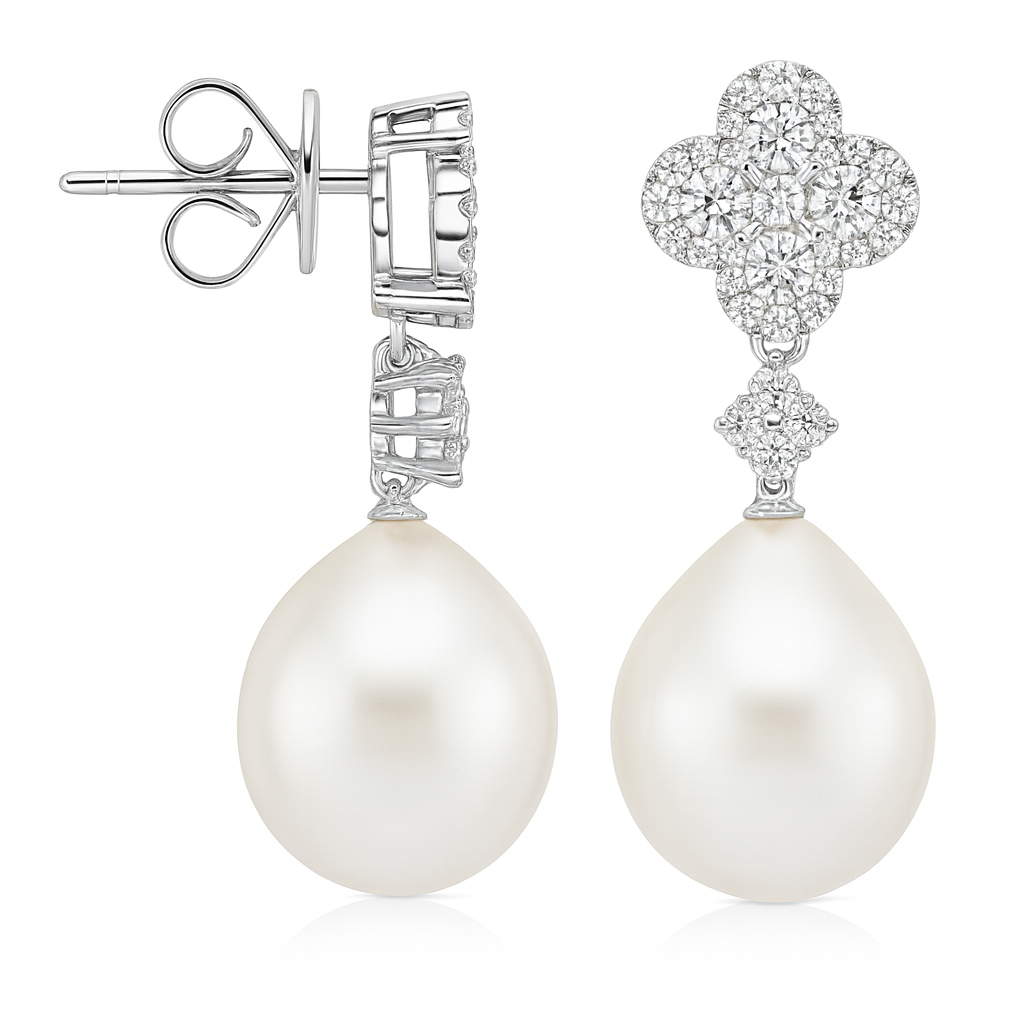 18K White Gold Freshwater Pearl Earrings, 11-12mm, 0.77ct