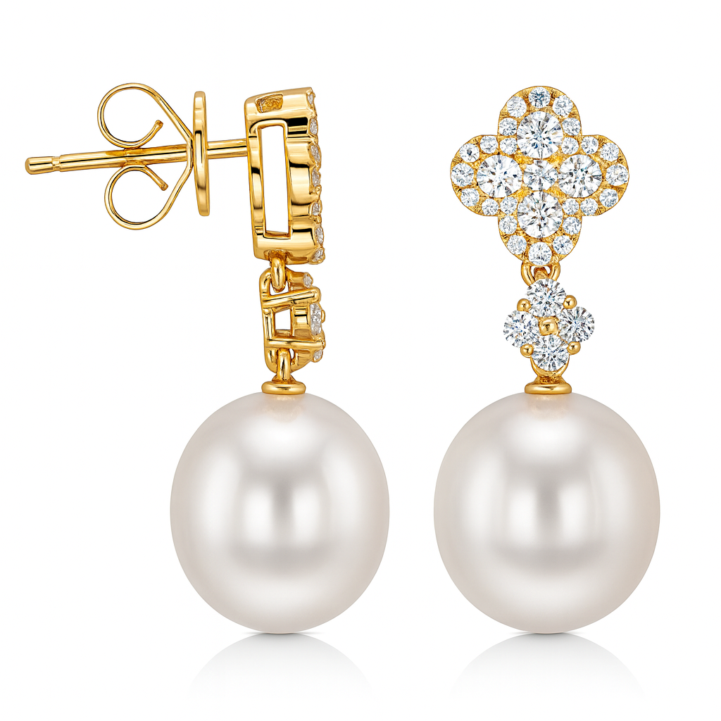 18K Yellow Gold South Sea Pearl Earrings, 11-12mm, 0.77ct