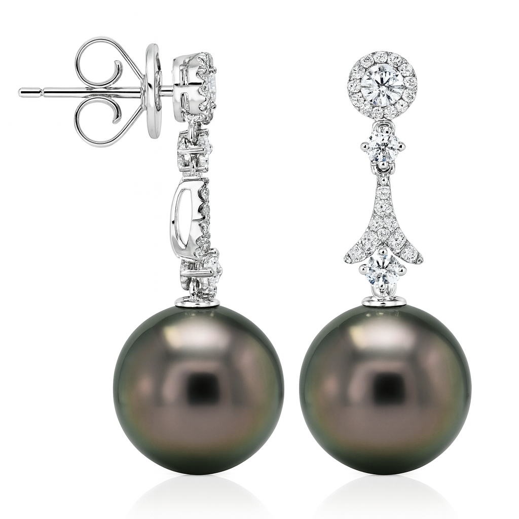 18K White Gold Tahitian Pearl Earrings, 11-12mm, 0.44ct