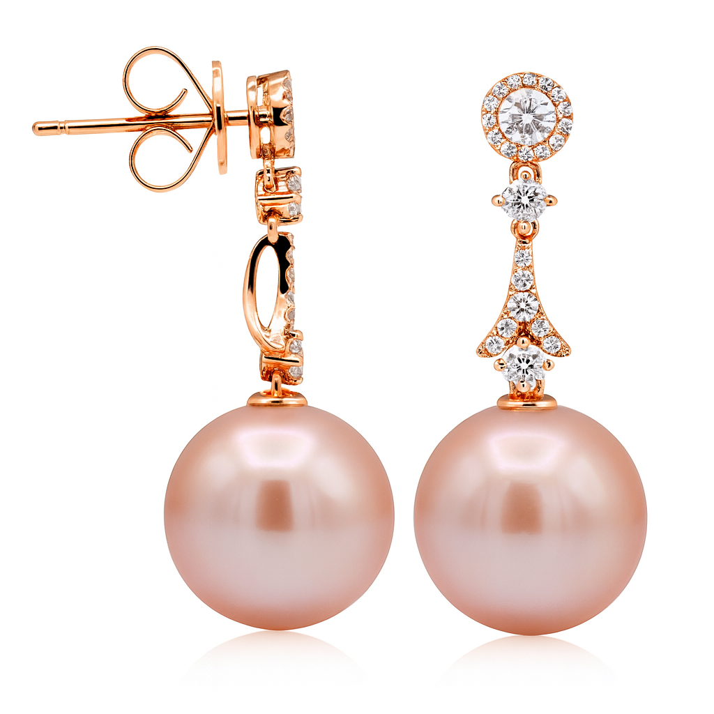 18K Rose Gold Freshwater Pearl Earrings, 11-12mm, 0.44ct
