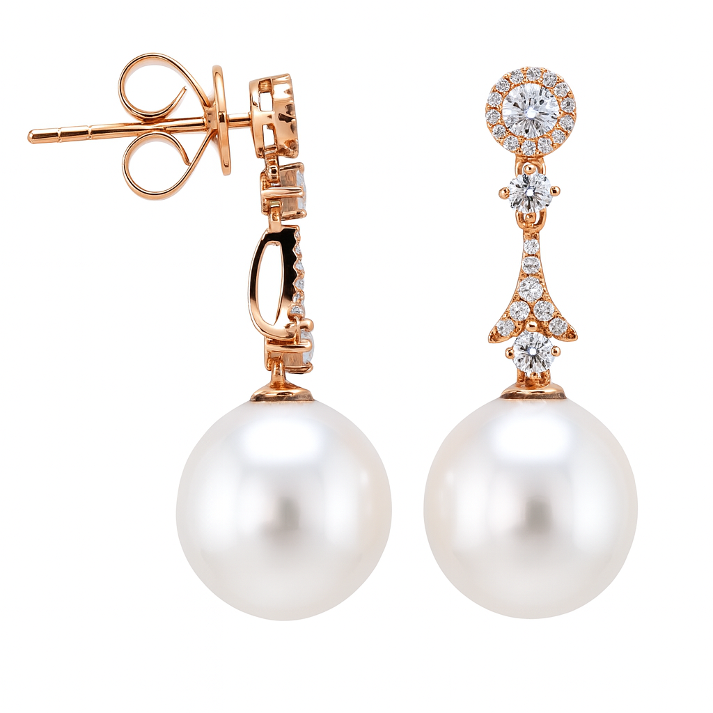 18K Rose Gold South Sea Pearl Earrings, 11-12mm, 0.44ct