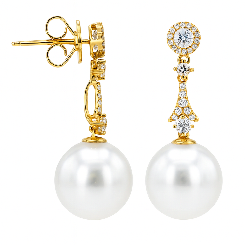 18K Yellow Gold Freshwater Pearl Earrings, 11-12mm, 0.44ct