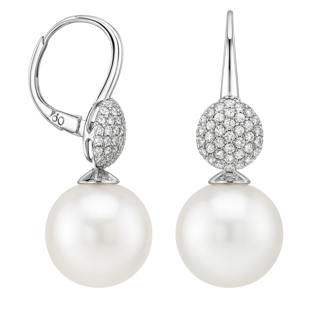 18K White Gold South Sea Pearl Earrings, 12-13mm, 0.47ct