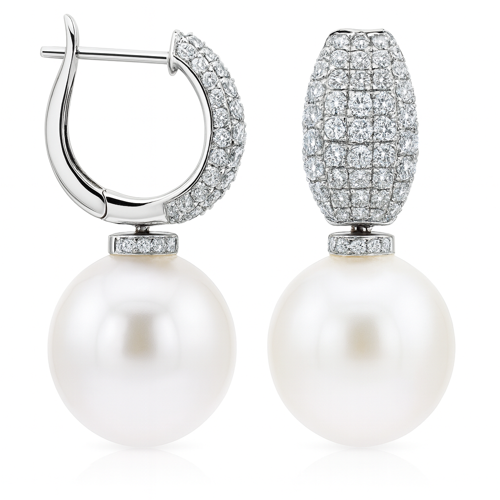18K White Gold South Sea Pearl Earrings, 12-13mm, 1.04ct