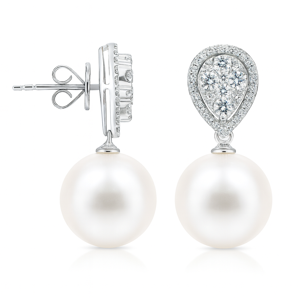 18K White Gold South Sea Pearl Earrings, 12-13mm, 0.81ct