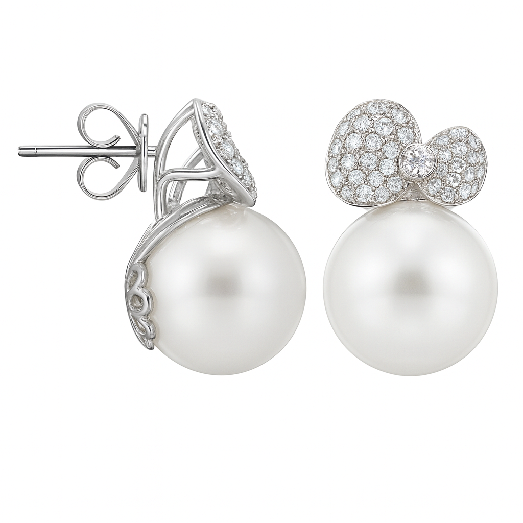 18K White Gold South Sea Pearl Earrings, 13-14mm, 0.88ct