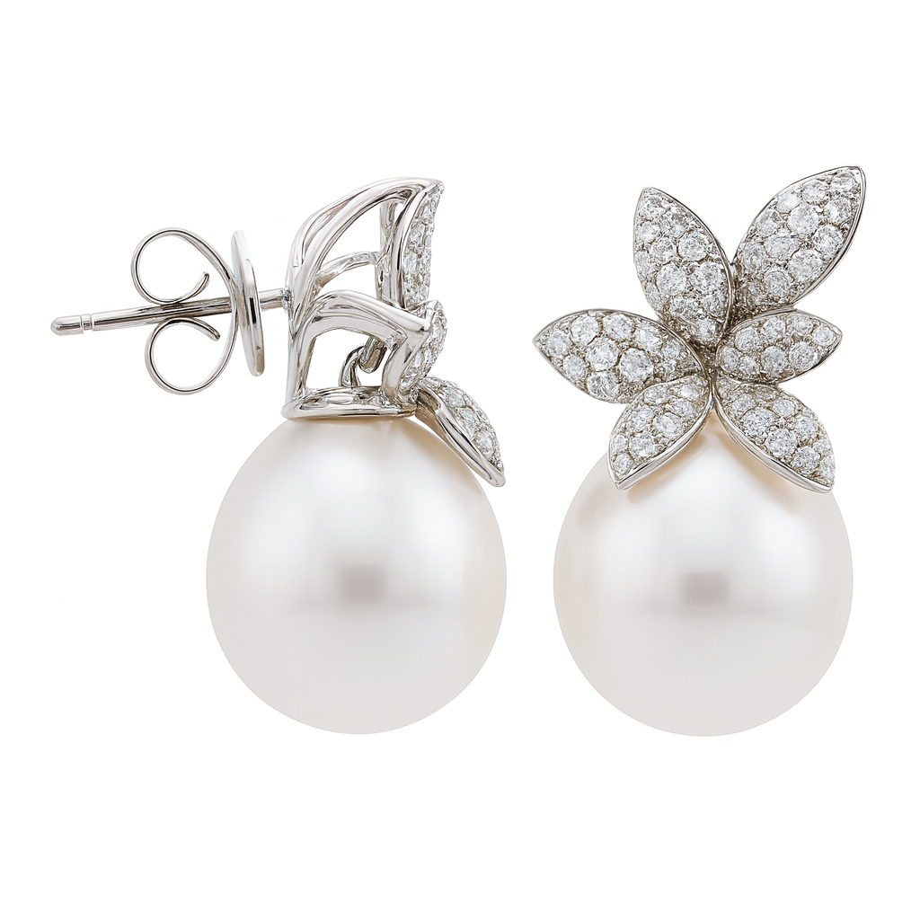 18K White Gold South Sea Pearl Earrings, 12-13mm, 0.83ct