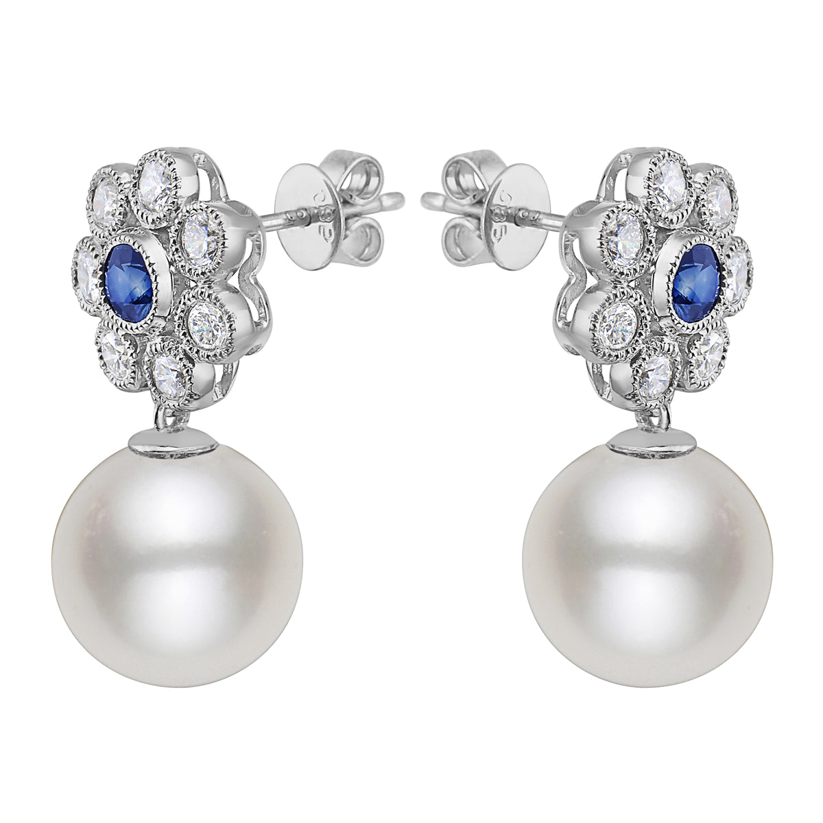 14K White Gold Freshwater Pearl Earrings, 10-11mm, 0.4ct