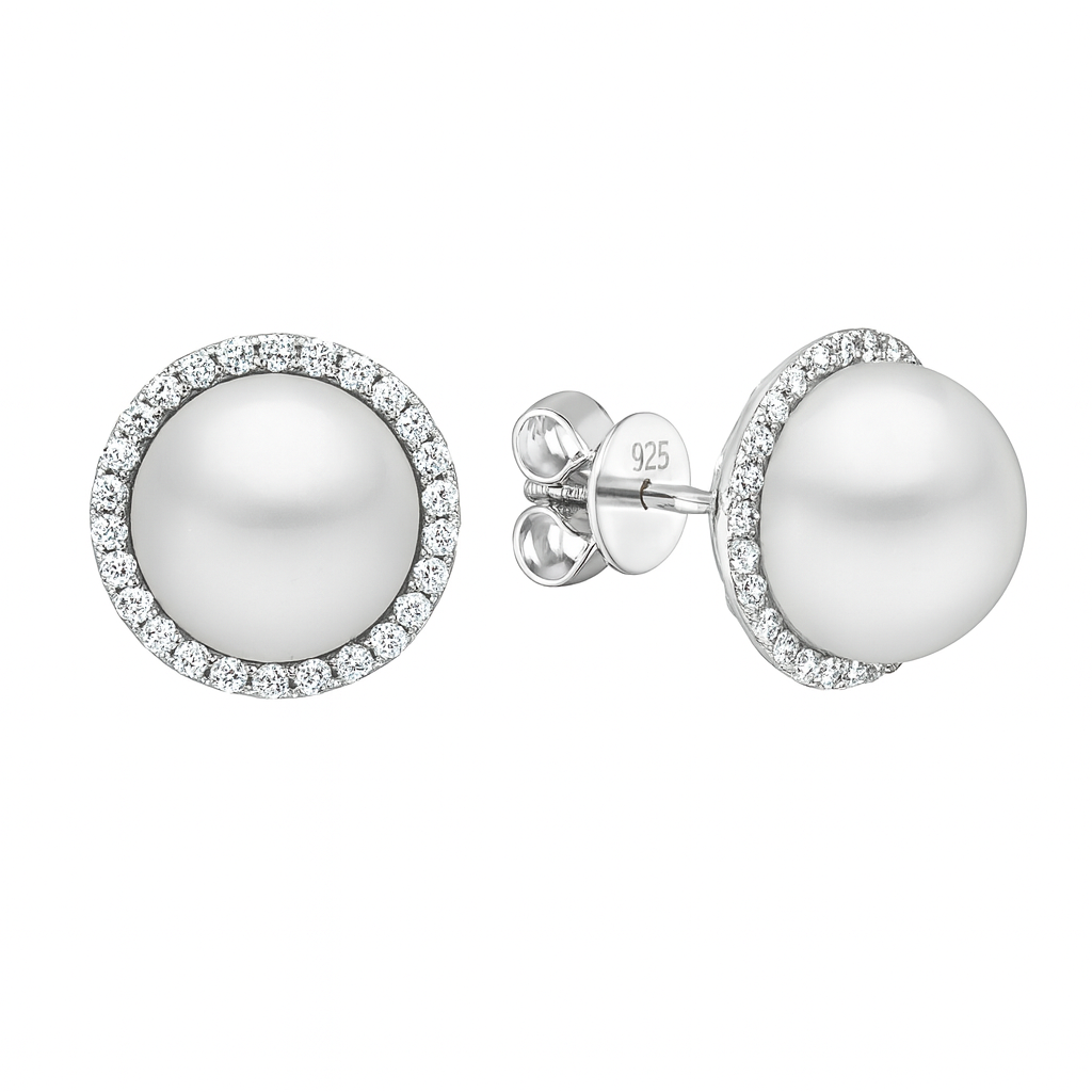 14K White Gold Freshwater Pearl Earrings, 9-9.50mm, 0.54ct