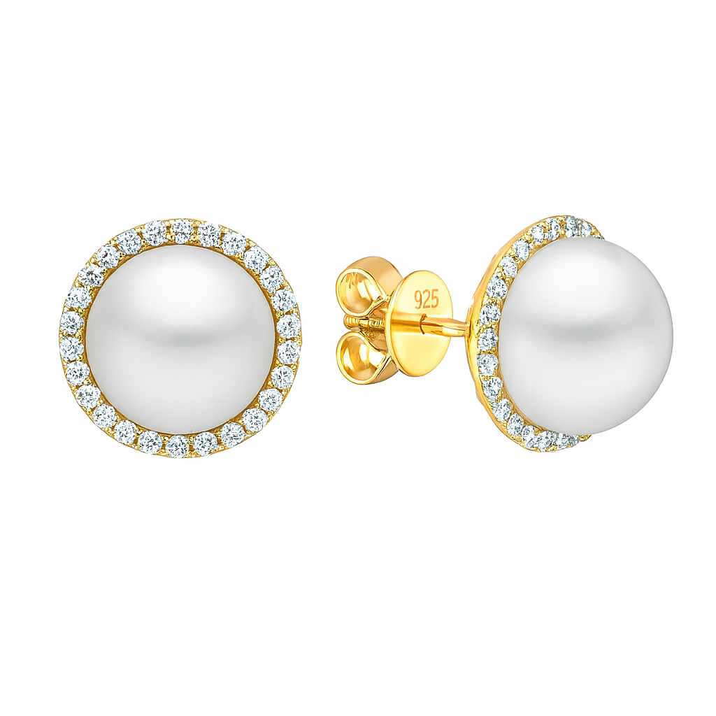 14K Yellow Gold Freshwater Pearl Earrings, 9-9.50mm, 0.54ct