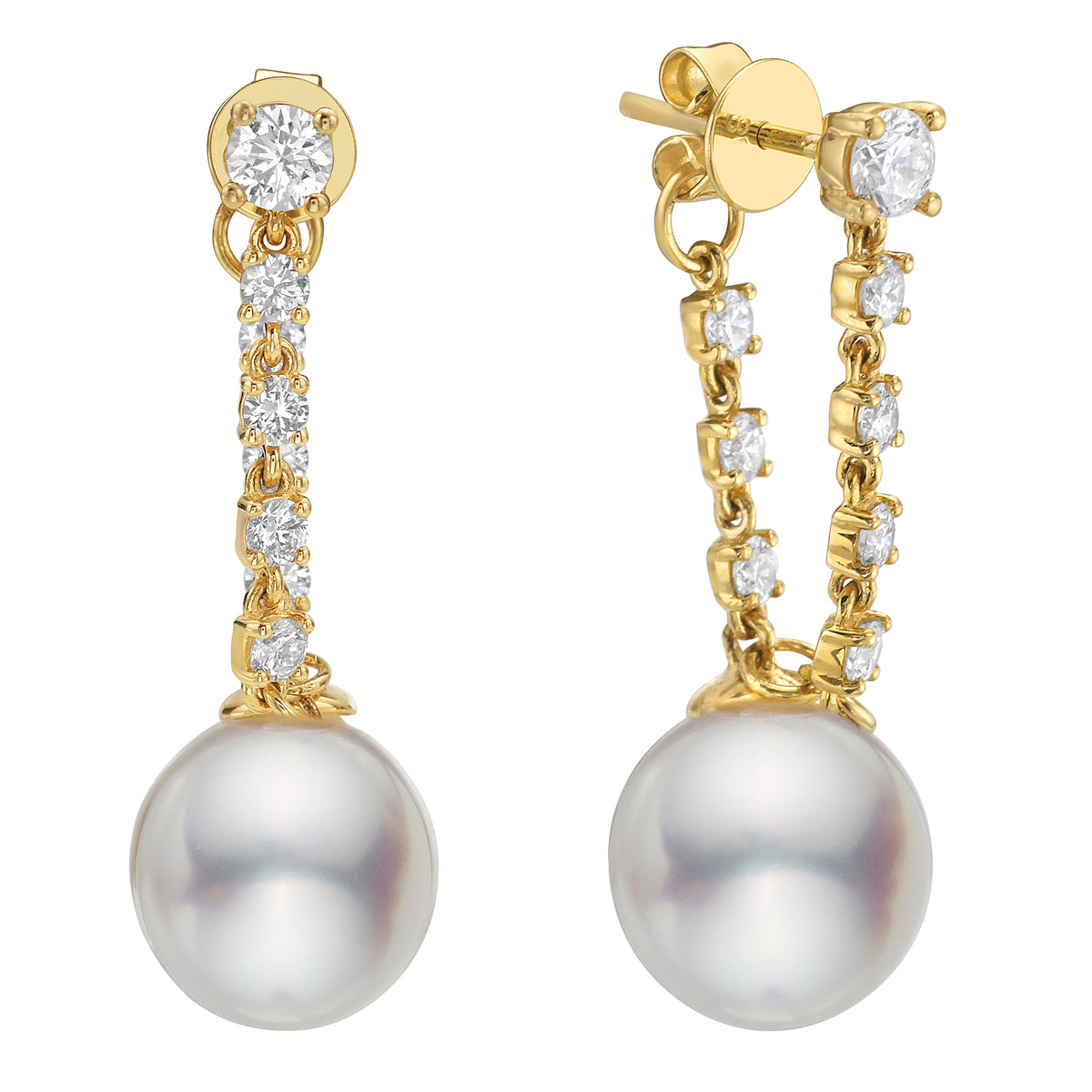 14K Yellow Gold Freshwater Pearl Earrings, 9-10mm, 0.65ct