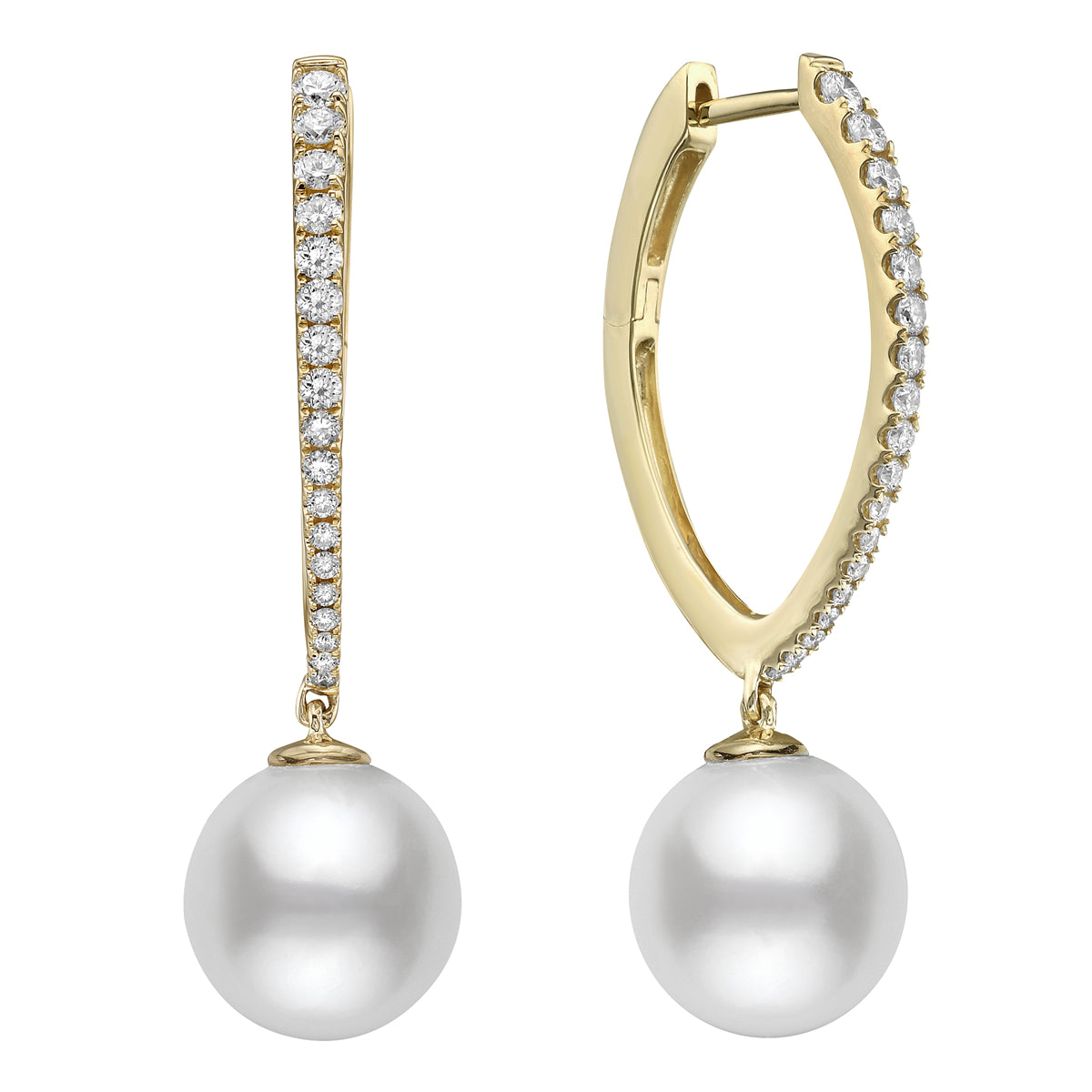 14K Yellow Gold White Freshwater Pearl Earrings, 11-12mm, 0.54ct