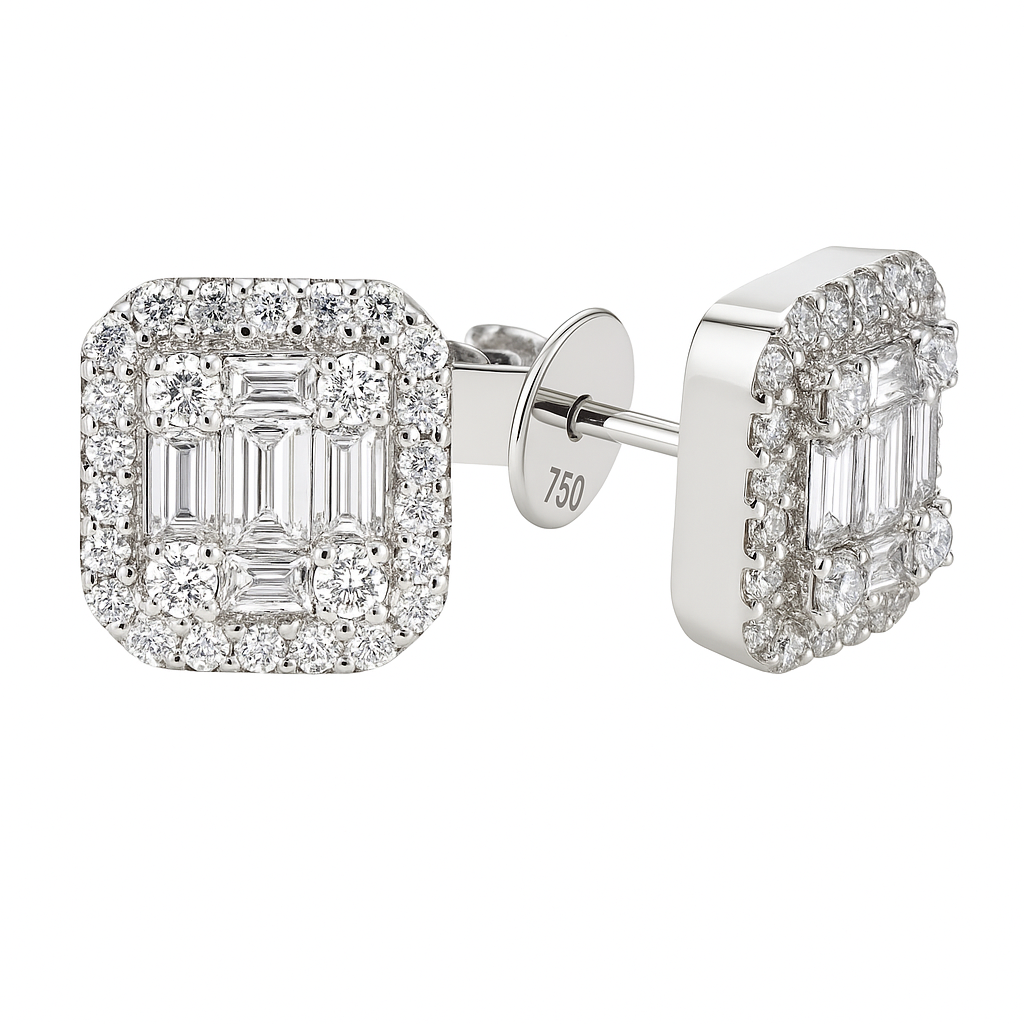 18K White Gold Diamond Baguette Illusion Stud Earrings, 0.54ct