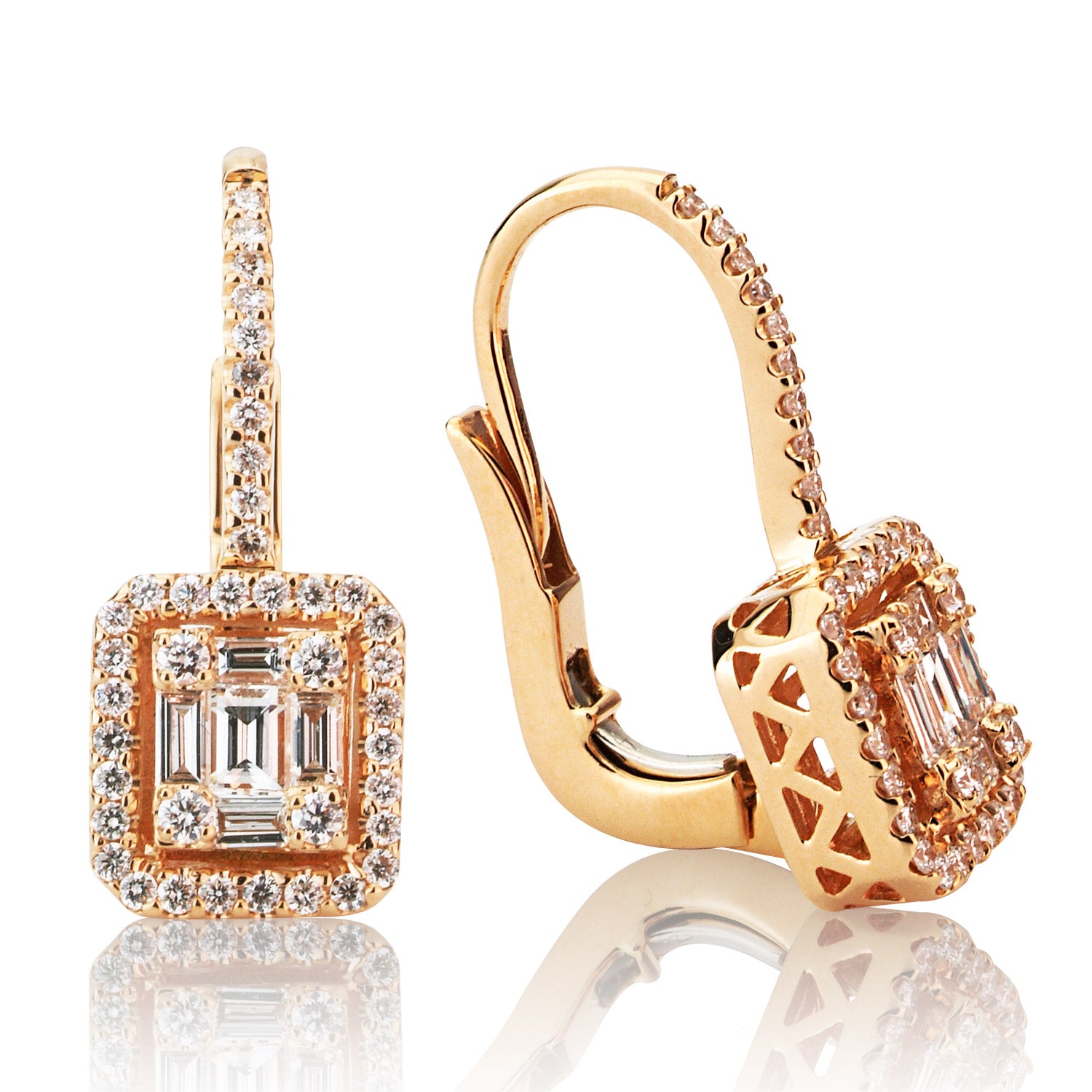 18KR Diamond Baguette Illusion Hanging Earrings
