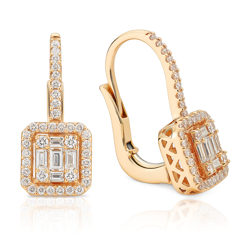 18K Rose Gold Diamond Baguette Illusion Hanging Earrings, 0.86ct