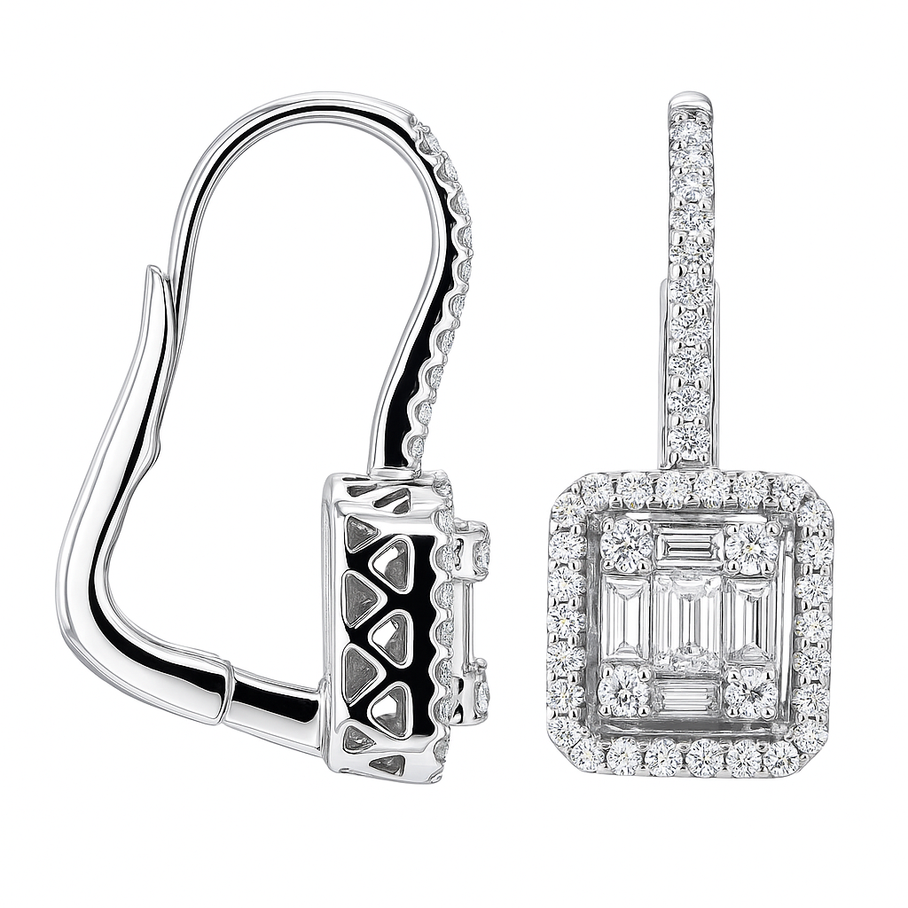18K White Gold Diamond Baguette Illusion Hanging Earrings, 0.86ct