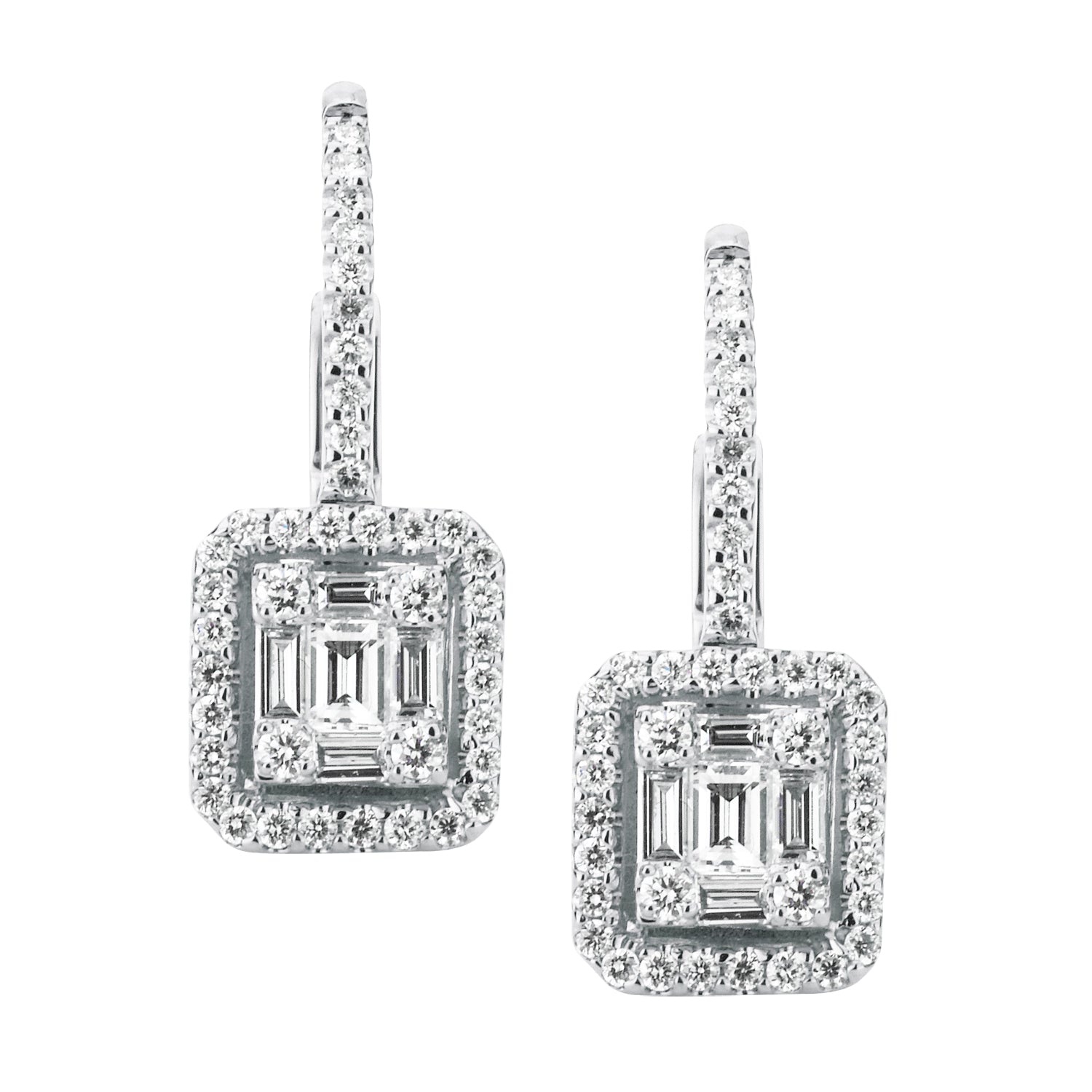 18K White Gold Diamond Baguette Illusion Hanging Earrings, 0.86ct