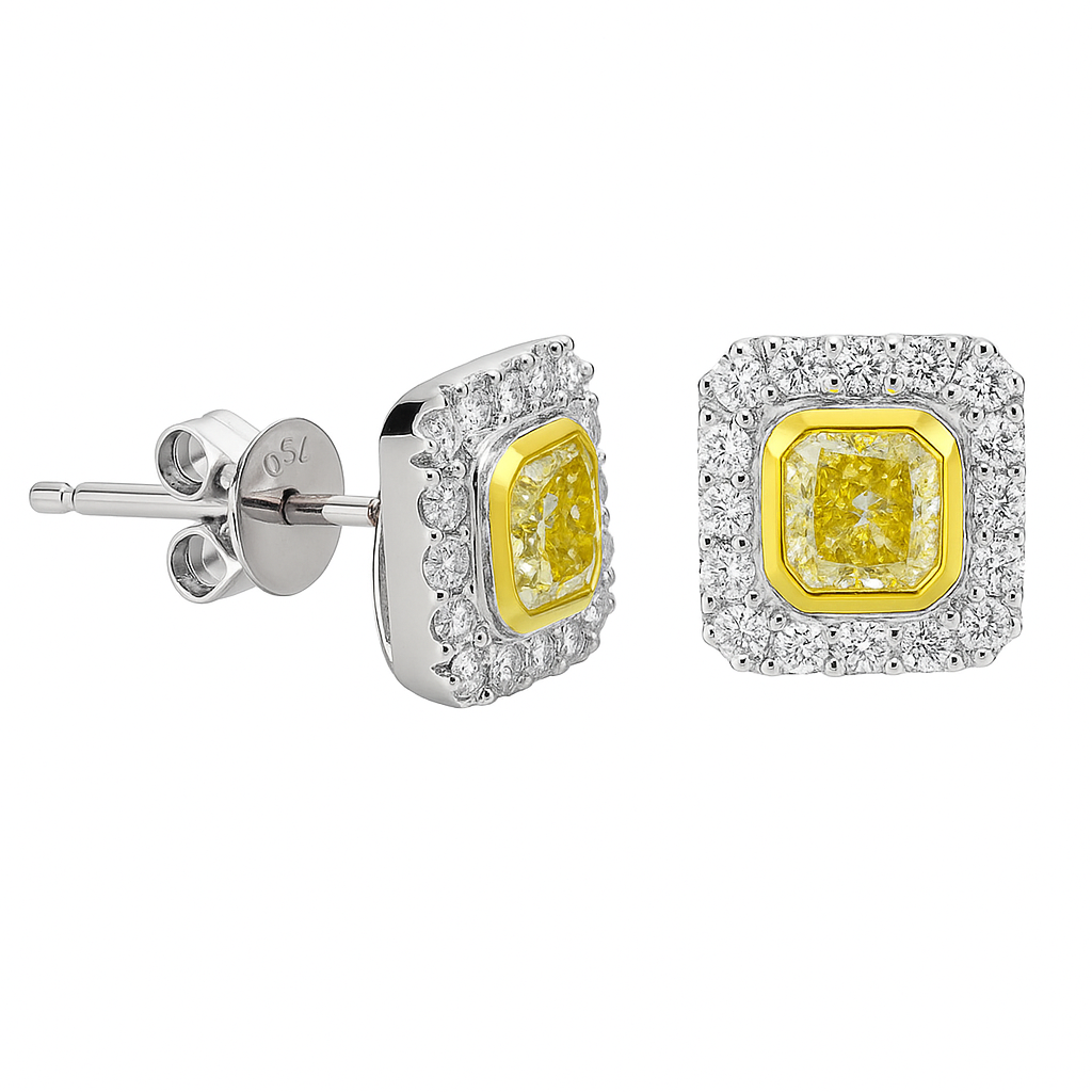 18K White GoldY Yellow Diamond Stud Earrings, 1ct
