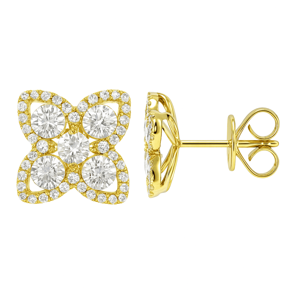 14K Yellow Gold Diamond Open Flower Stud, 0.9ct