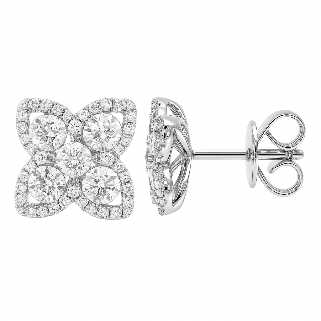 14K White Gold Diamond Open Flower Stud, 0.93ct