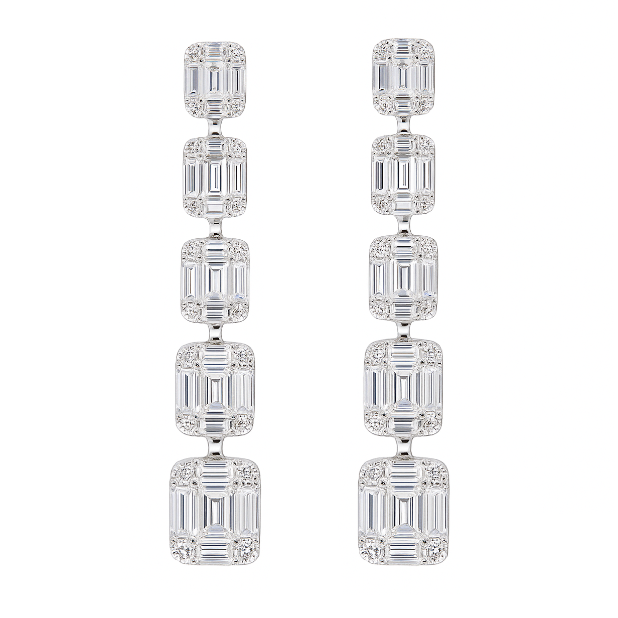 18K White Gold Diamond Baguette Illusion Hanging Earrings, 2.08ct