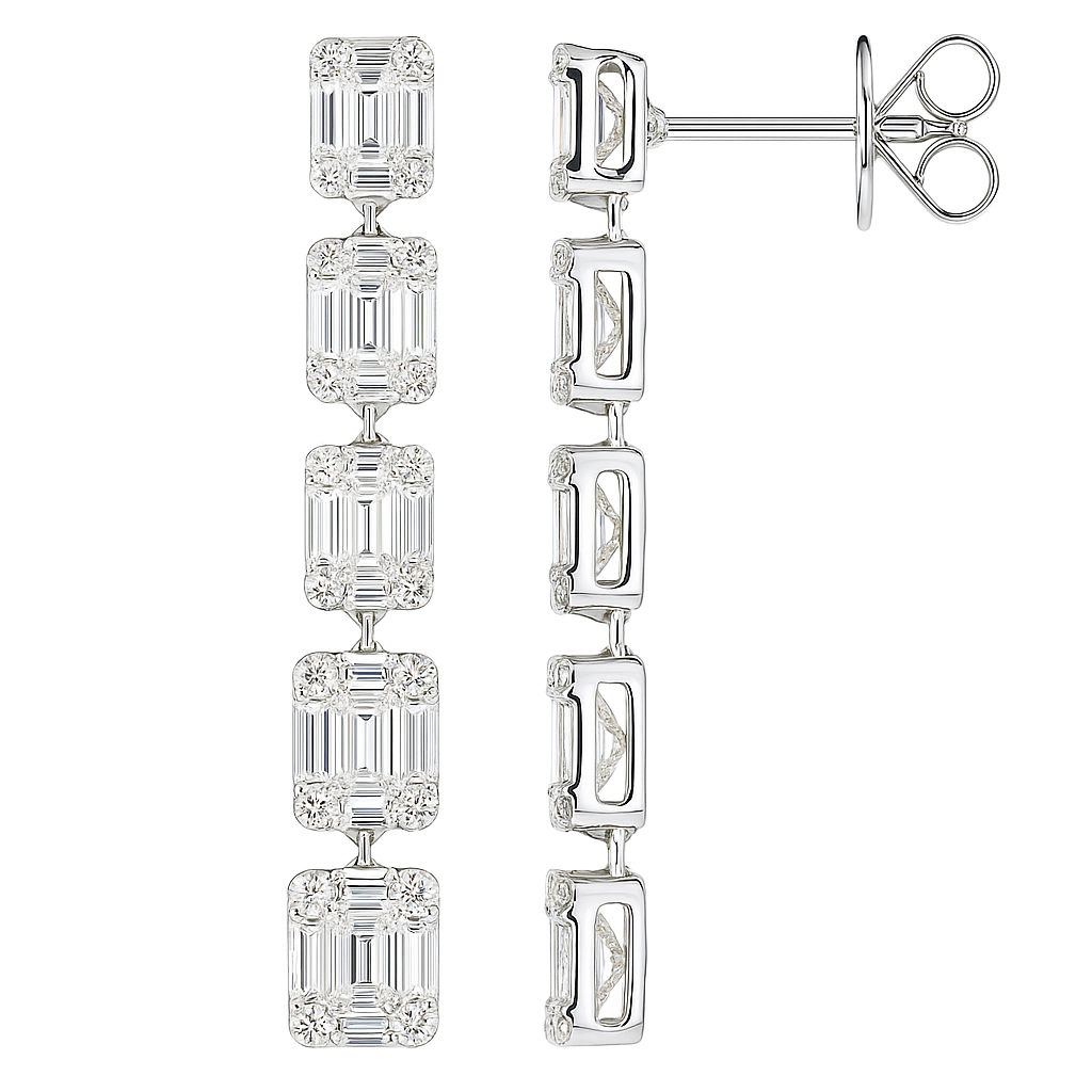18K White Gold Diamond Baguette Illusion Hanging Earrings, 2.08ct