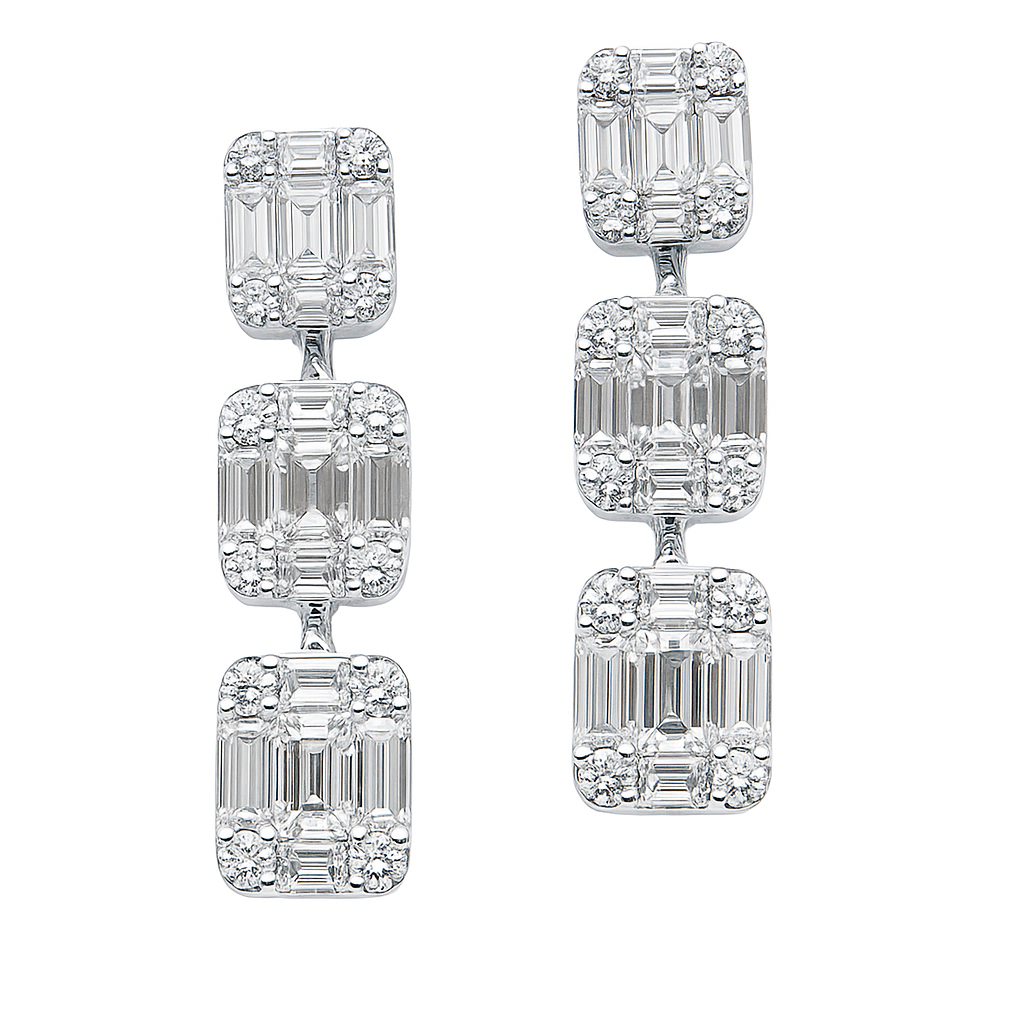 18K White Gold Diamond Baguette Illusion Hanging Earrings, 1.13ct